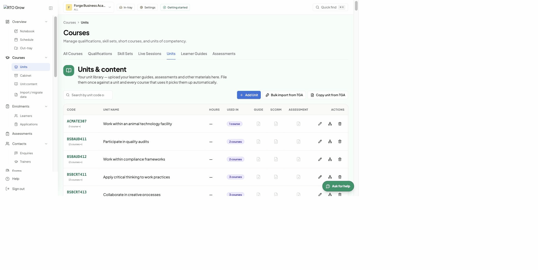 The Units and content library, with units listed and columns for learner guide, SCORM and assessment